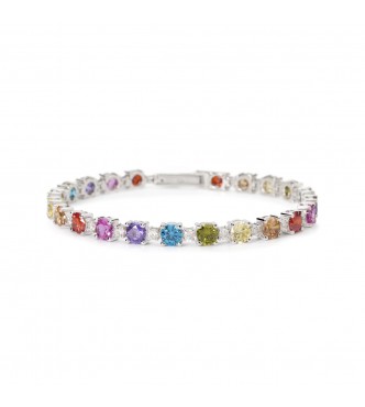 Pulsera Tennis de plata 925 rodiada con turmalina rosa sintética y aguamarina,
 circonitas multicolores 5 y circonitas blancas 2,5 mm, longitud 18 cm