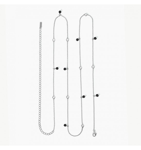 Cadena para cintura en plata 925 rodiada con circonitas blancas 2,
5 mm y ágata negra 4 mm, longitud ajustable de 77 cm a 95 cm