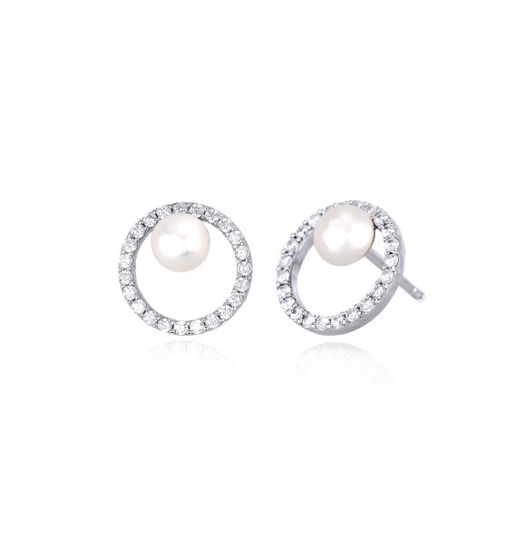 Pendientes de plata 925 con perla cultivada botón 4,
5-5 mm y circonitas blancas 1,30 mm, diámetro exterior 10 mm