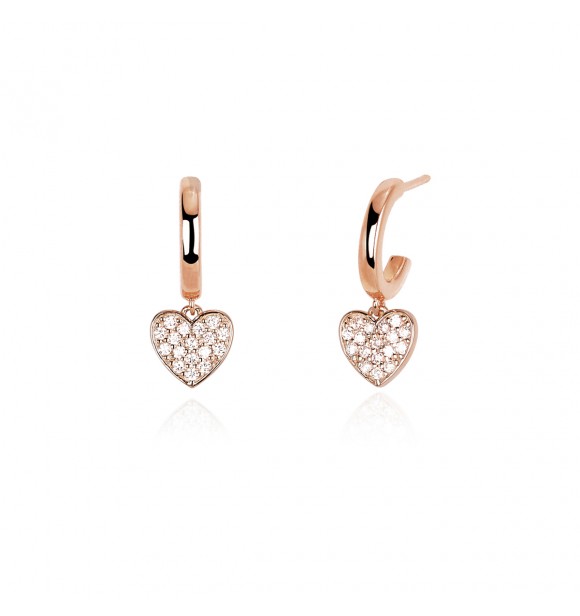 Pendientes circulares rosados de plata 925 con colgante de corazón y circonitas blancas 1,
30 mm, exterior 11 mm, largo 2 cm