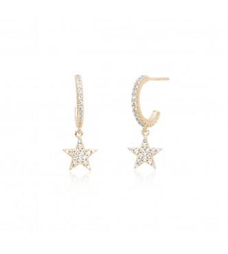 Pendientes de plata dorada 925 con estrella 8,
4x8,4 mm y circonitas blancas 1 y 1,2 mm, exterior 12 mm, largo 2,5 cm