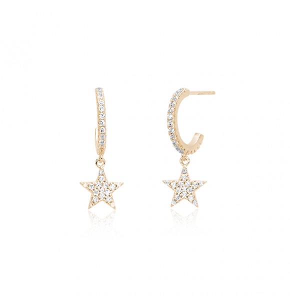 Pendientes de plata dorada 925 con estrella 8,
4x8,4 mm y circonitas blancas 1 y 1,2 mm, exterior 12 mm, largo 2,5 cm