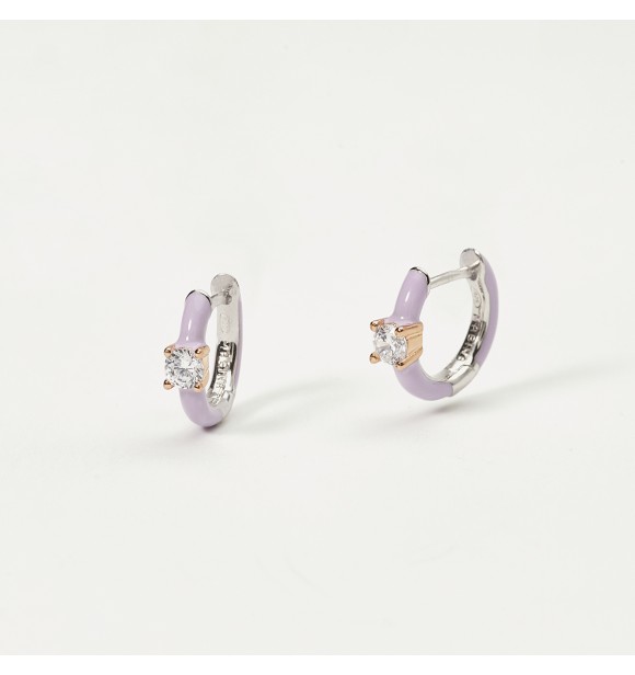 Pendientes de plata 925, círculo esmaltado violeta,
 exterior 11,60 mm con bisel rosa y circonitas 3 mm