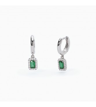 Pendientes de plata 925 rodiada con esmeraldas sintéticas talla baguette 5x3 mm y circonitas blancas 1,
00 mm, cierre a presión, exterior 12 mm, largo total 2 cm