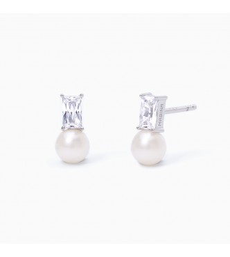 Pendientes de plata 925 con perlas cultivadas 5-5,
5 mm y circonitas talla baguette 5x3 mm, longitud 1 cm