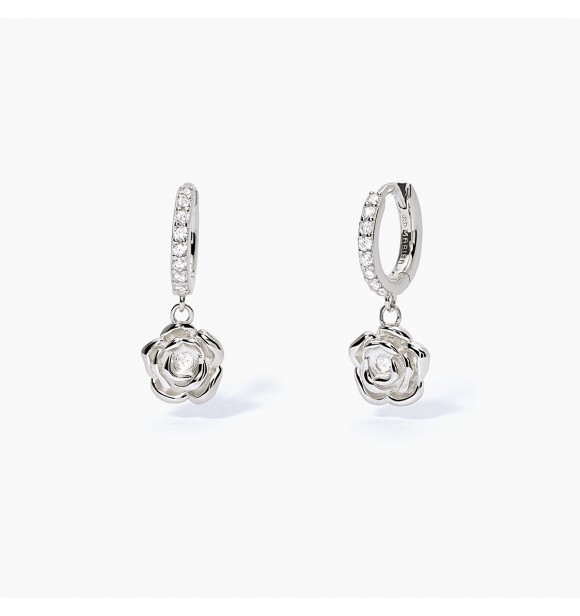 Pendientes de plata 925 rodiada con rosas satinadas y circonitas blancas 1,
5 y 1,75 mm, exterior 10 mm, longitud 2,5 cm