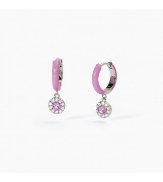 Pendientes de plata 925 rodiada con esmalte rosa y circonitas blancas 1,
25 mm, circonita rosa central 3 mm, diámetro exterior 12 mm, largo total. pendiente 2 cm