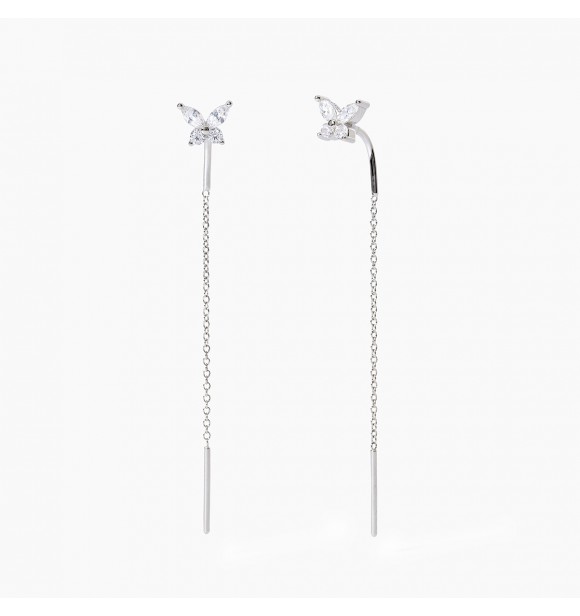 Pendientes de mariposa en plata rodiada 925 con circonitas blancas,
 longitud 5 cm