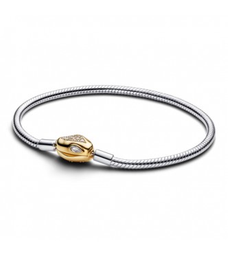 PANDORA 563683C01 Pulsera de cadena de serpiente en plata de ley y baño de oro de 14k con cierre de cabeza de serpiente y circonita cúbica transparente