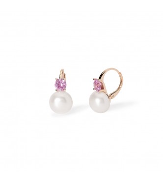 Pendientes de plata 925 bañada en oro rosa de 18 quilates con turmalina rosa sintética 5 mm y perla cultivada botón 9-9,
5 mm, largo total del pendiente 1,7 cm