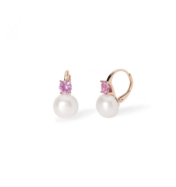 Pendientes de plata 925 bañada en oro rosa de 18 quilates con turmalina rosa sintética 5 mm y perla cultivada botón 9-9,
5 mm, largo total del pendiente 1,7 cm