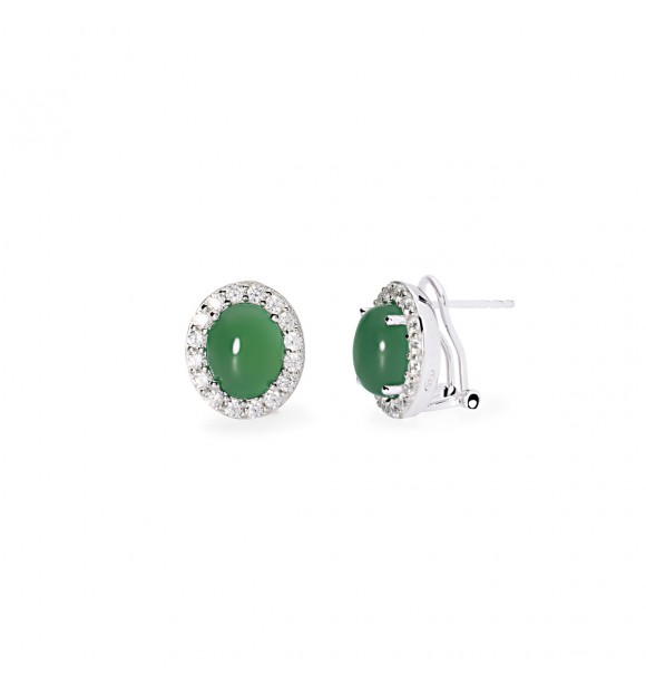 Pendientes de plata 925 rodiada 12,5x14,5 mm con ágata verde talla cabujón 8x10 mm y circonitas 2,
2 mm