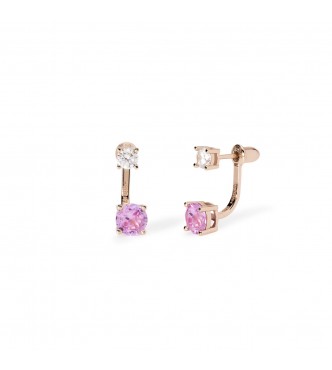 Pendientes de plata 925 bañada en oro rosa de 18 quilates con colgante de turmalina rosa sintética 6 mm y circonitas 4 mm,
 largo total del pendiente 1,8 cm