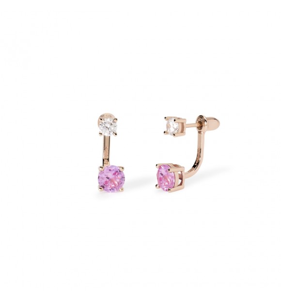 Pendientes de plata 925 bañada en oro rosa de 18 quilates con colgante de turmalina rosa sintética 6 mm y circonitas 4 mm,
 largo total del pendiente 1,8 cm