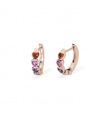 Pendientes de plata 925 bañada en oro rosa de 18 quilates con turmalina sintética y aguamarina,
 circonitas talla corazón multicolor 3x3 mm, círculo exterior 14,5 mm, interior 10 mm