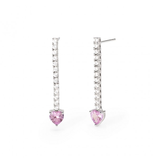 Pendientes tenis de plata 925 rodiada con circonitas blancas 2 mm y talla corazón rosa 6x6 mm,
 largo total del pendiente 3,7 cm