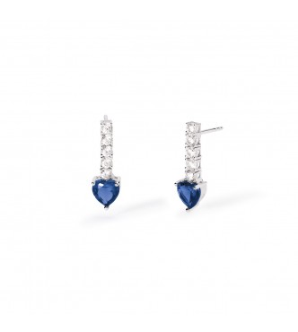 Pendientes tenis de plata 925 rodiada con circonitas 2 mm y zafiro sintético talla corazón 6x6 mm,
 largo total del pendiente 2 cm