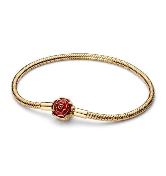 564019C01-19 Disney Beauty & The Beast snake chain 14k gold-plated bracelet with rose clasp and holo glittery red enamel