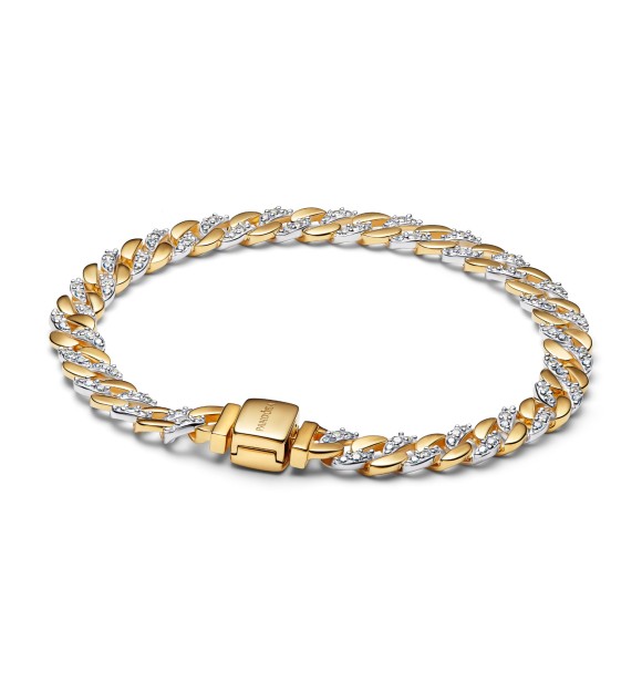 564229C01-16 Cuban chain sterling silver and 14k gold-plated bracelet with clear cubic zirconia