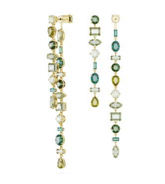 SWAROVSKI PENDIENTES GEMA, DISEÑO ASIMETRICO,
 TALLAS MIXTAS, EXTRALARGOS, VERDES, BAÑO TONO ORO