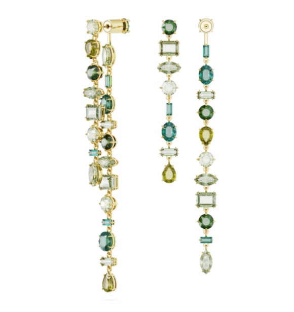 SWAROVSKI PENDIENTES GEMA, DISEÑO ASIMETRICO,
 TALLAS MIXTAS, EXTRALARGOS, VERDES, BAÑO TONO ORO
