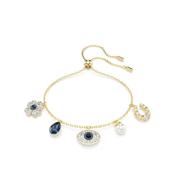 SWAROVSKI PULSERA SYMBOLICA, PERLA DE CRISTAL,
 TREBOL, OJO TURCO Y HERRADURA AZUL, BAÑO TONO ORO