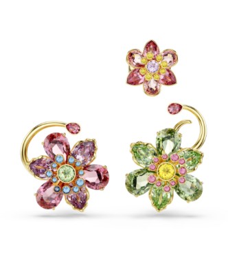 SWAROVSKI PENDIENTES EAR CUFF IDYLLIA,
 SET 3, DISEÑO ASIMETRICO, TALLAS MIXTAS, FLOR MULTICOLOR, BAÑO TONO ORO