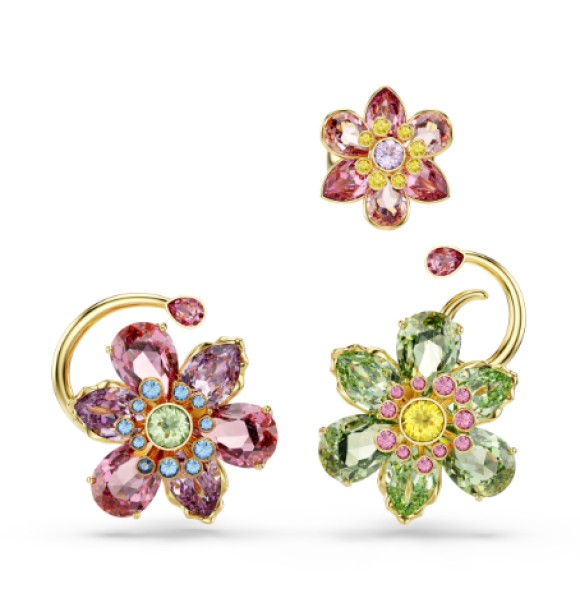 SWAROVSKI PENDIENTES EAR CUFF IDYLLIA,
 SET 3, DISEÑO ASIMETRICO, TALLAS MIXTAS, FLOR MULTICOLOR, BAÑO TONO ORO
