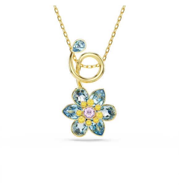 SWAROVSKI COLGANTES IDYLLIA, TALLAS MIXTAS,
 FLOR AZUL, BAÑO TONO ORO
