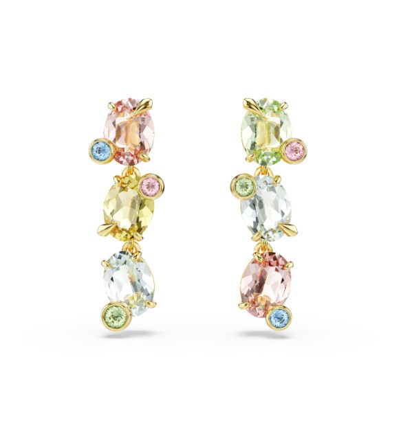 SWAROVSKI PENDIENTES GEMA, DISEÑO ASIMETRICO,
 TALLAS MIXTAS MULTICOLORES, BAÑO TONO ORO