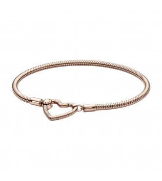 PANDORA 582257C00-16 Brazalete de cadena de serpiente chapado en oro rosa de 14k con broche de corazón