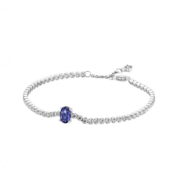 Sterling silver tennis bracelet with princess blue crystal and clear cubic zirconia