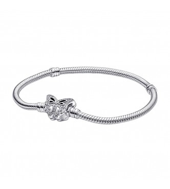 PANDORA 590782C01-16 Snake chain sterling silver bracelet with butterfly clasp with clear cubic zirconia