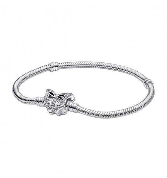 PANDORA 590782C01-16 Snake chain sterling silver bracelet with butterfly clasp with clear cubic zirconia