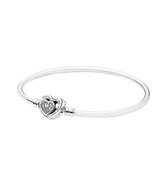 Pulsera Pandora Moments en planta de primera ley con cierre de corazones infinitos entrelazados