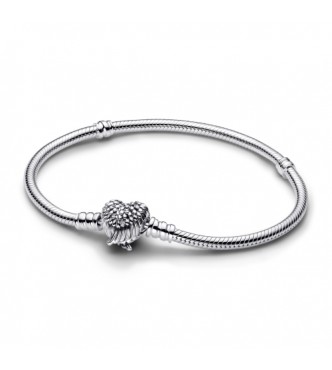 PANDORA 593680C01 Pulsera de plata de ley con cadena de serpiente y cierre de alas de corazón y circonita cúbica transparente