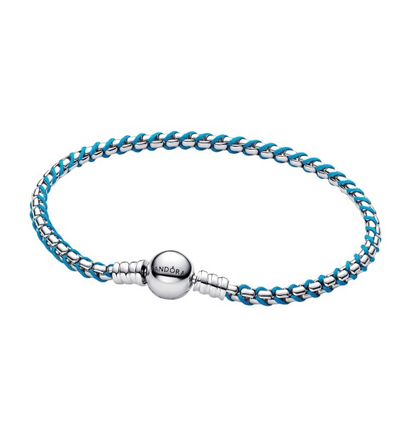 PANDORA 593816C01 Braided sterling silver box chain bracelet with turquoise textile cord