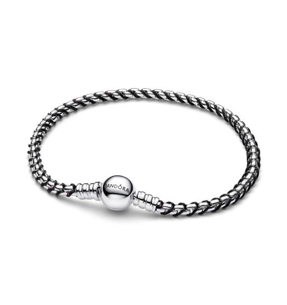593816C02-21 Braided sterling silver box chain bracelet with black textile cord