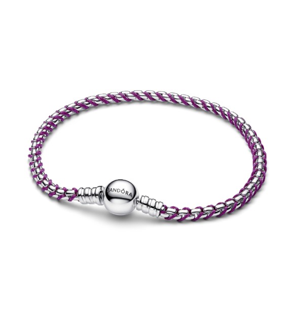 593816C03-18 Braided sterling silver box chain bracelet with purple textile cord
