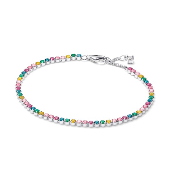 593927C03-18 Sterling silver tennis bracelet with yellow,
 blue, phlox pink, green crystal, pink, clear and fancy pink cubic zirconia