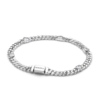 PANDORA 594226C01 Pulsera de plata de ley con cadena cubana de corazón y circonitas cúbicas transparentes.