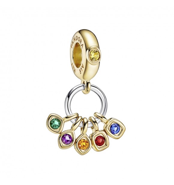 PANDORA 760774C01 Marvel Infinity 14k gold-plated and sterling silver dangle with royal green,
 royal blue, salsa red, royal purple, honey coloured and blazing
