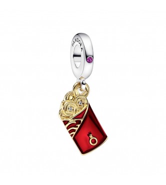 Red envelope sterling silver and 14 gold plated dangle with synthetic ruby,
 clear cubic zirconia and red enamel