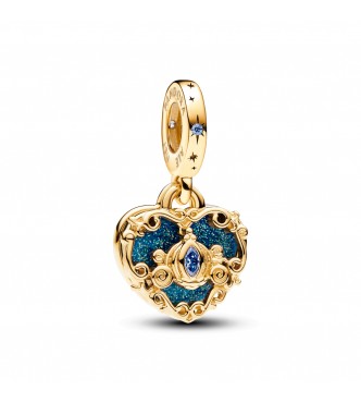 PANDORA 763072C01 Colgante doble con diseño de corazón de Cenicienta de Disney,
 chapado en oro de 14 quilates, con elegante circonita cúbica azul claro y esmalte azul brillante
