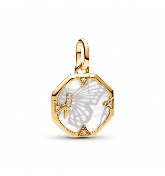 PANDORA 763366C01 Medallón de mariposa chapado en oro de 14k con circonita cúbica transparente y nácar artificial de bioresina blanca