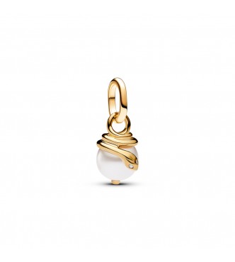 PANDORA 763375C01 Mini colgante con forma de serpiente bañado en oro de 14k con perla artificial lacada en blanco y circonita cúbica transparente