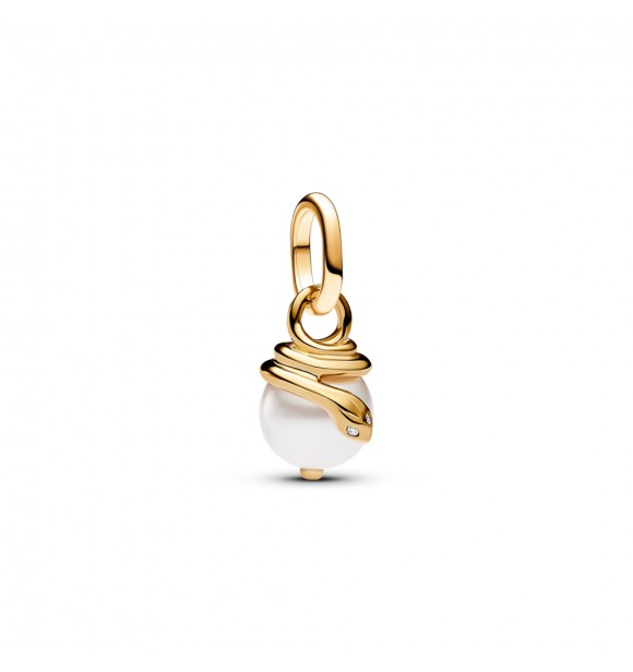 PANDORA 763375C01 Mini colgante con forma de serpiente bañado en oro de 14k con perla artificial lacada en blanco y circonita cúbica transparente