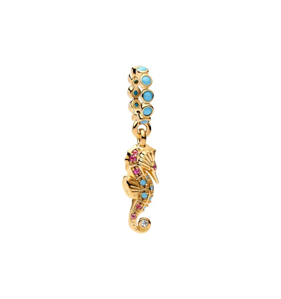 PANDORA 763895C01 Seahorse 14k gold-plated dangle with clear cubic zirconia,
 capri blue crystal and phlox pink crystal