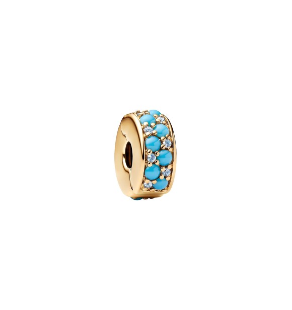 PANDORA 763902C01 14k gold-plated clip with icy blue and capri blue crystal and silicone grip