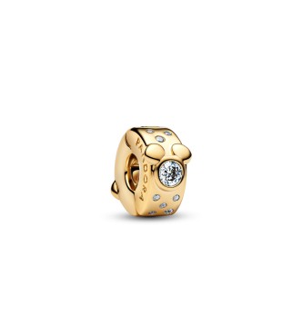PANDORA 764130C01 Clip de Mickey y Minnie Mouse de Disney bañado en oro de 14 k con circonita cúbica transparente y agarre de silicona